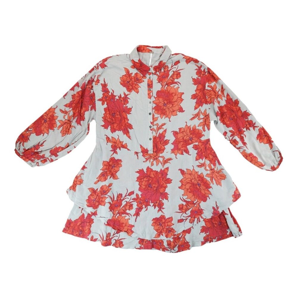 Free People‎ Dress Shake It Womens Small Red Floral Tie Back Balloon 3/4 Sleeve